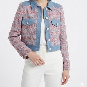 House of Harlow Cropped Tweed Jacket Denim Trim Button Front Womens M